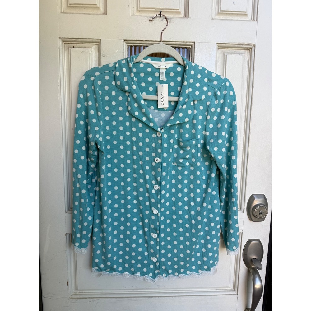 Soma Cool Nights Pajama Top Teal Polka Dot Lace‎ Trim Button Down Size Small NEW